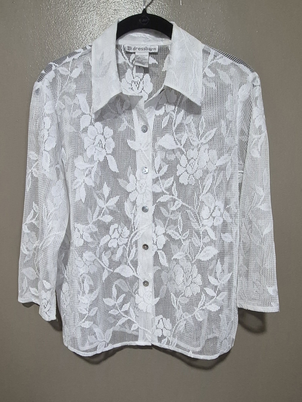 Dressbarn Women's White Floral Sheer Lace Button Up Shirt With 3/4 Sleeves, M